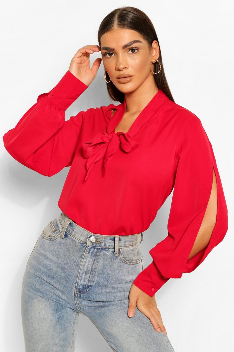 Berry Woven Pussy Bow Split Sleeve Blouse image number 1