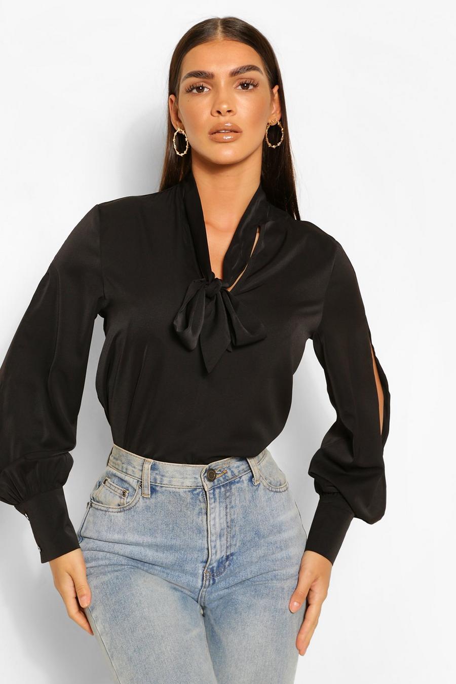 Black Woven Pussy Bow Split Sleeve Blouse image number 1