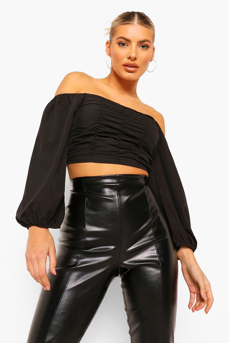 Black Woven Ruched Oversized Sleeve Crop Top image number 1