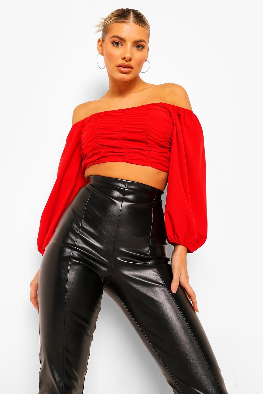 Red Woven Ruched Oversized Sleeve Crop Top image number 1