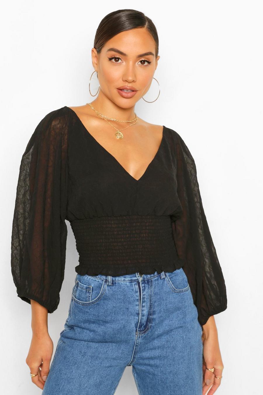 Black Woven Textured Shirred Waist Blouse image number 1