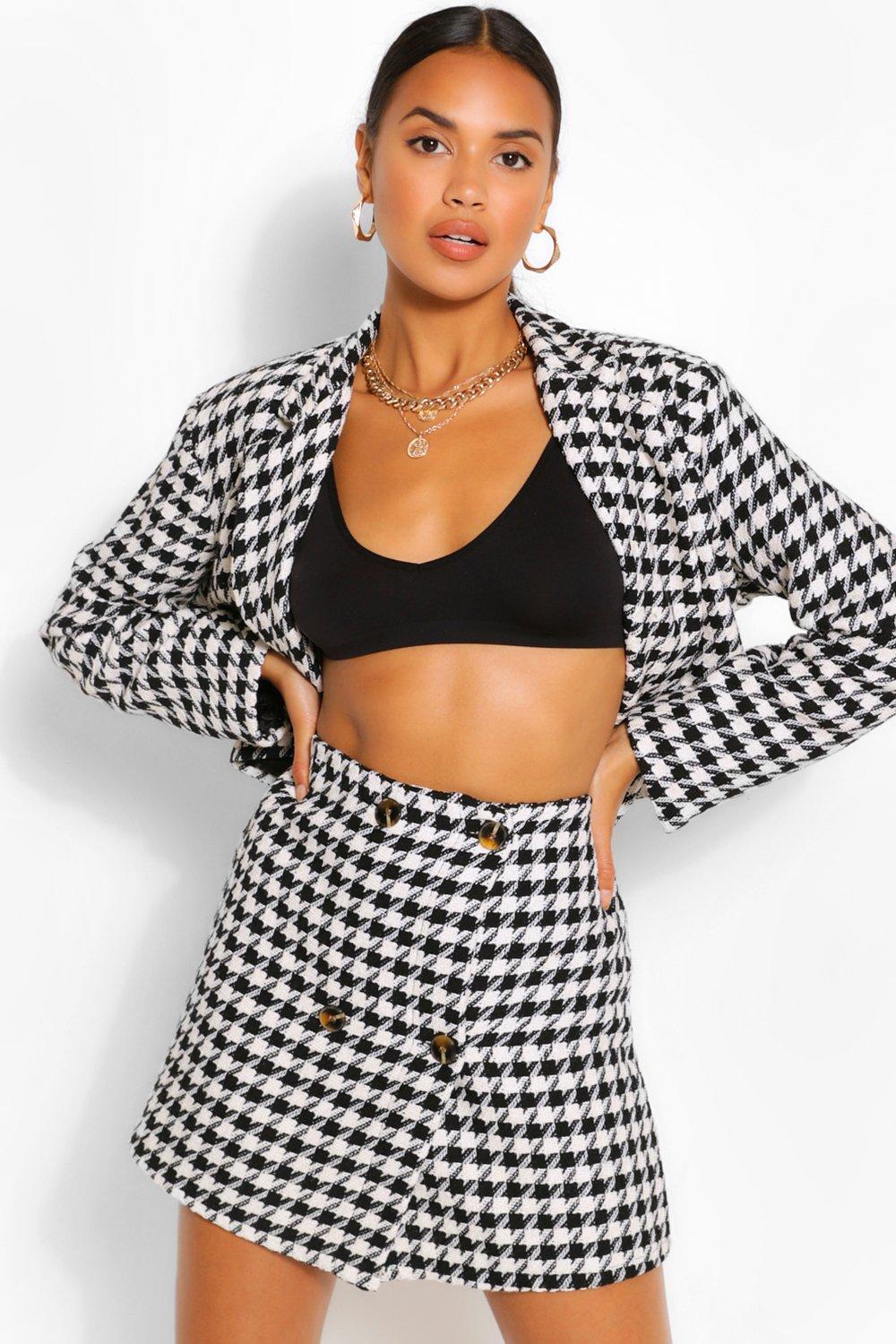 Black Button Detail Dogtooth Mini Skirt