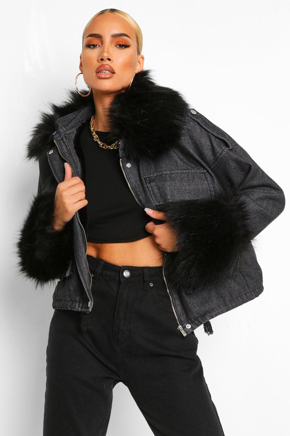 black jean jacket with fur collar