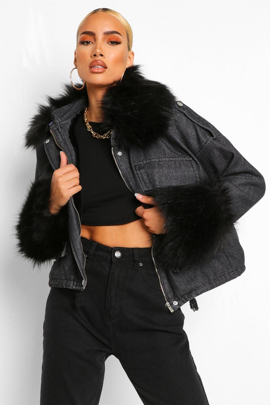 Black Faux Fur Collar And Cuff Oversized Denim Jacket image number 1
