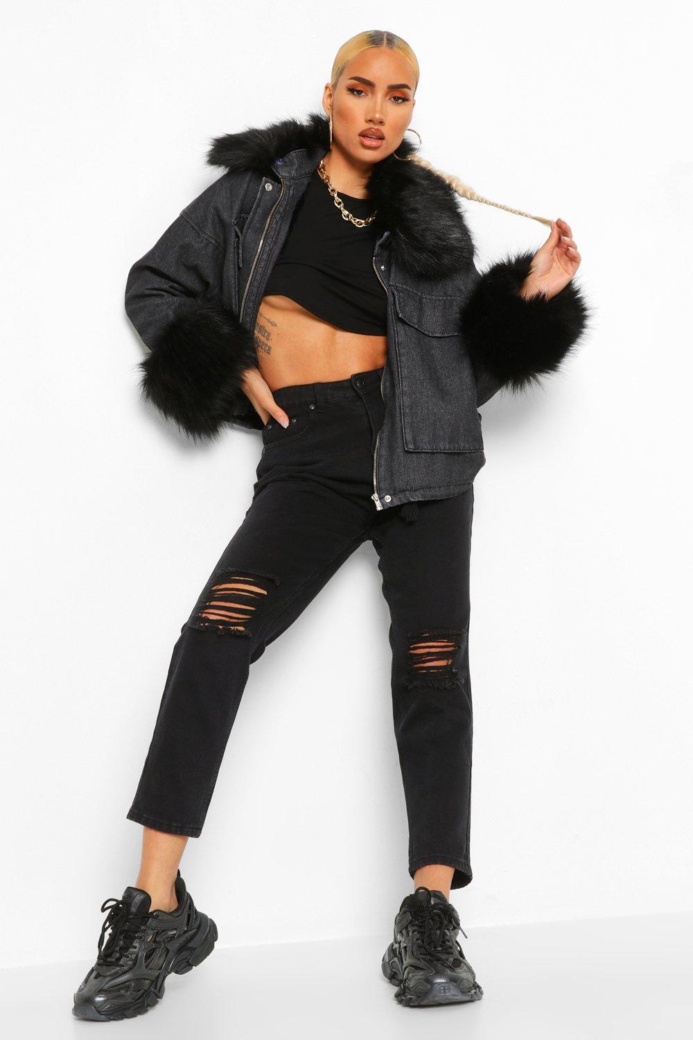 black oversized denim jacket with fur