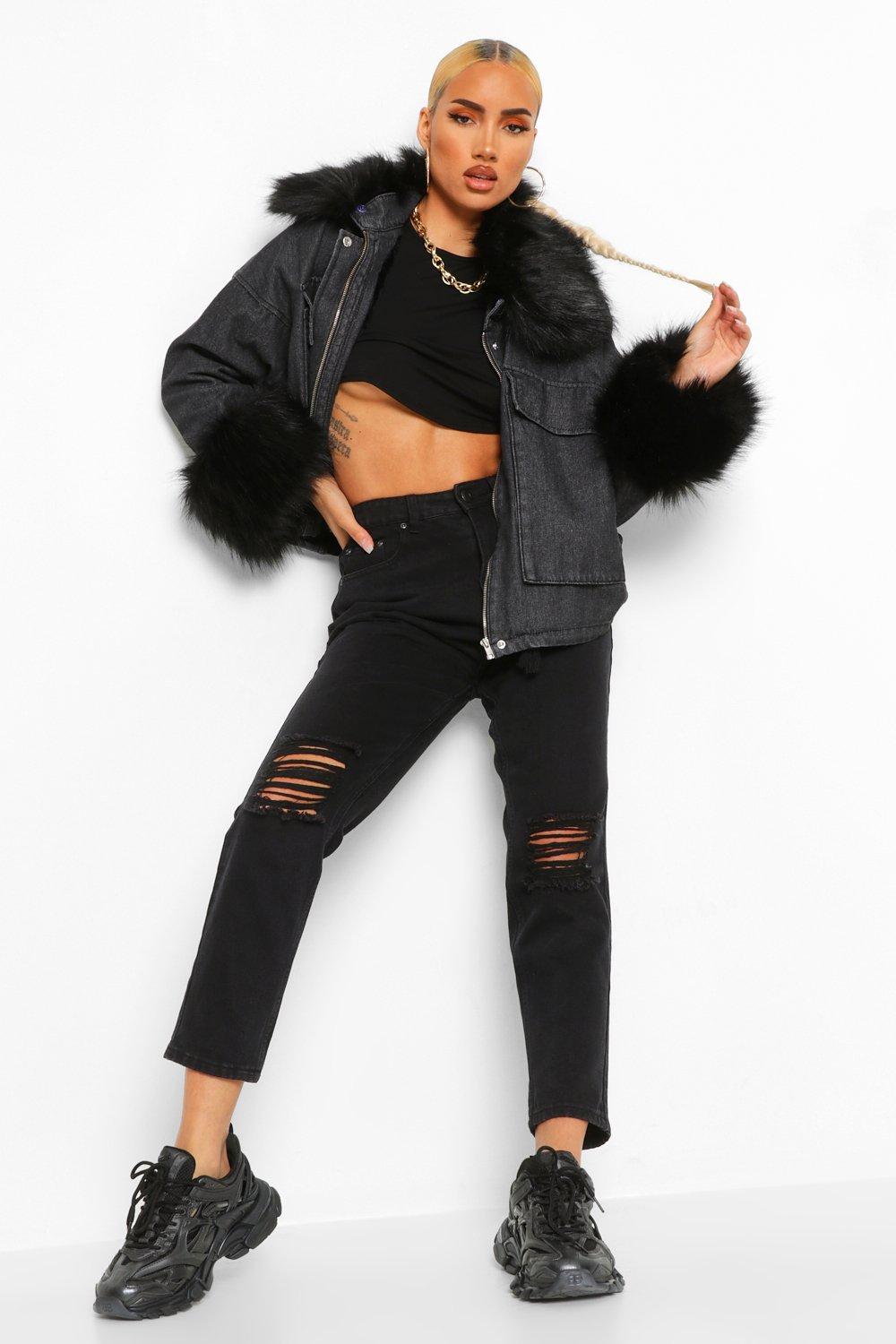 Veste en jean oversize a col et manchettes en fausse fourrure