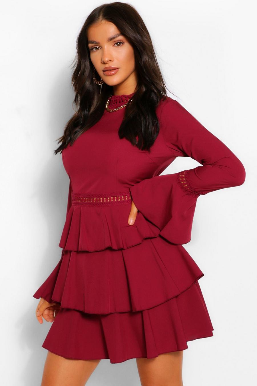 Berry red High Neck Tiered Skater Dress image number 1