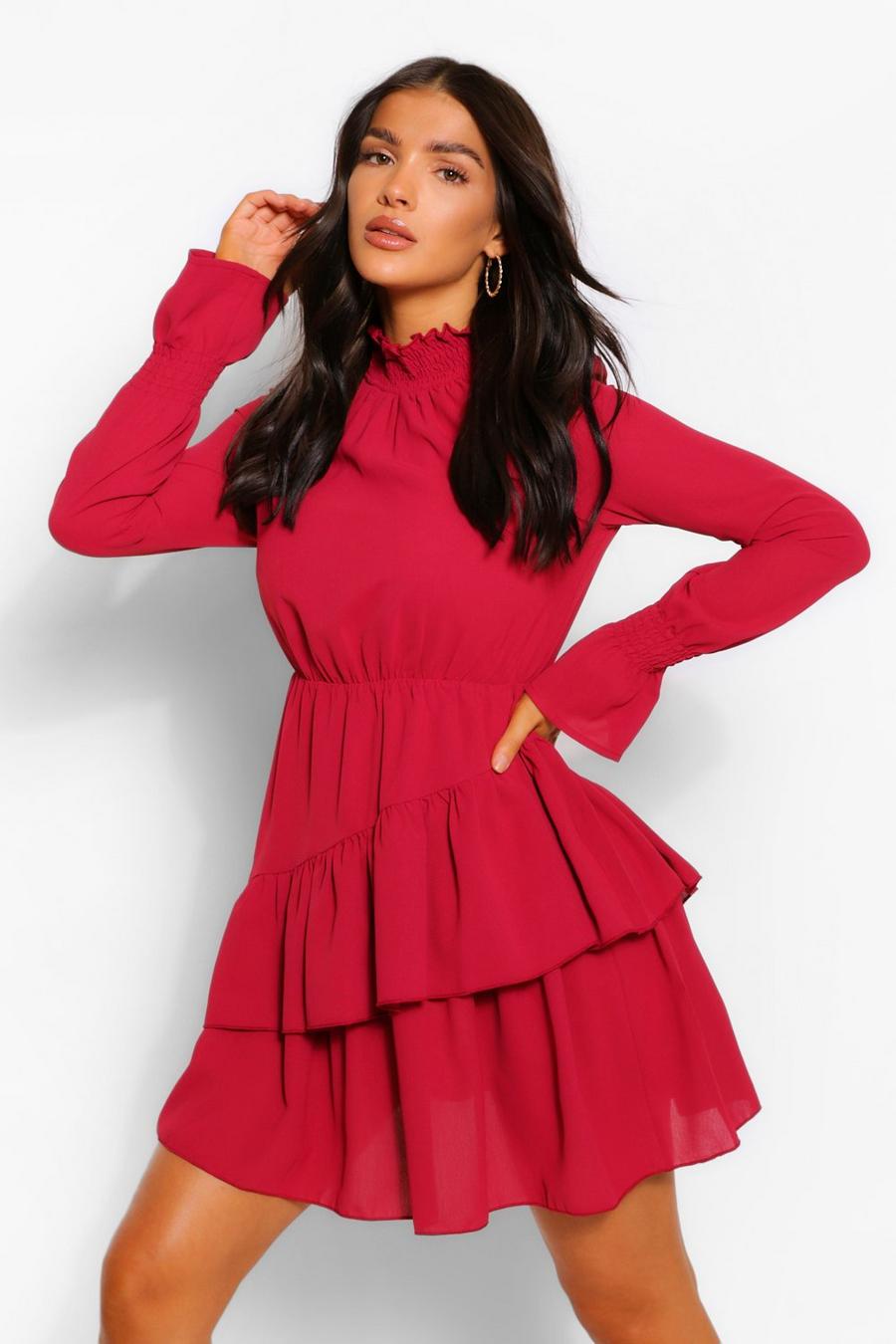 Berry Woven Shirred Neck Ruffle Detail Skater Dress image number 1