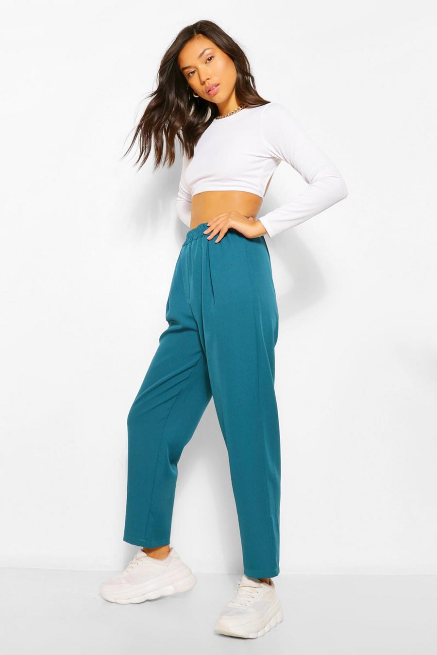 Teal Tapered Elasticated Waist Trousers image number 1