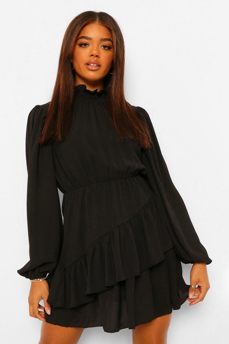 שחור שמלת סקייטר עם צווארון גבוה עם כיווצים ושרוולים בסגנון בלוזון image number 1