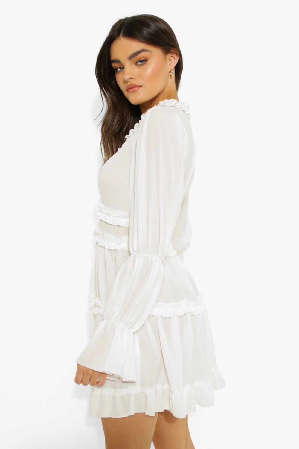 Ruffle Trim Drape Sleeve Skater Dress