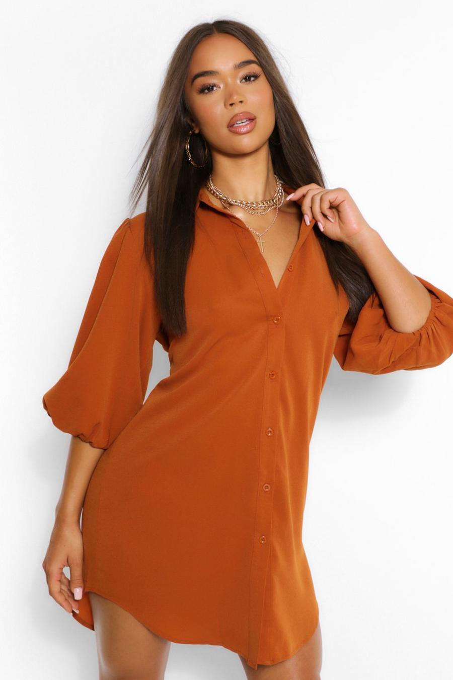 Robe chemise coupe oversize à manches bouffantes, Camel image number 1
