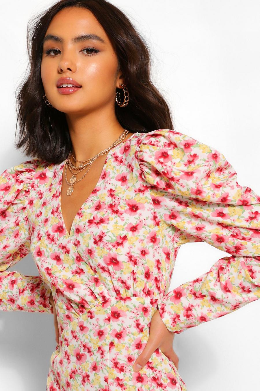 Women's Floral Puff Sleeve Midi Dress | Boohoo UK