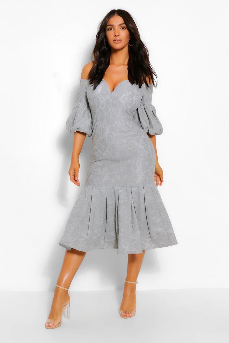 Grey Lace Plunge Puff Sleeve Frill Hem Midi Dress image number 1