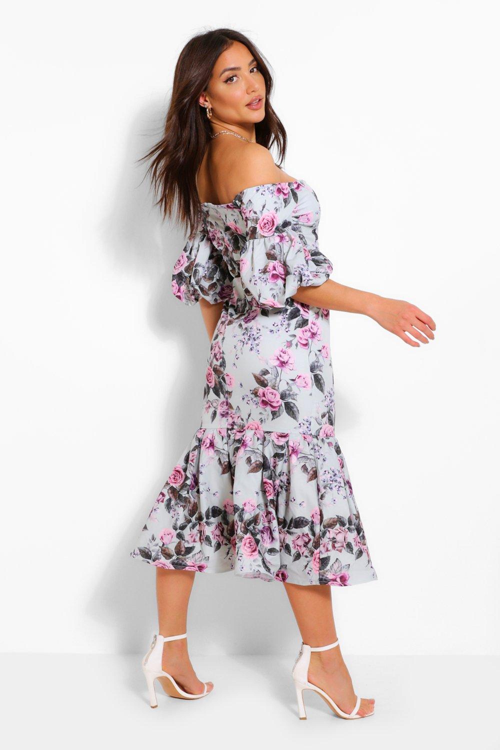 Floral Plunge Puff Sleeve Frill Hem Midi Dress