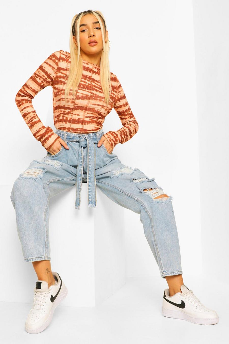 Mid blue Ripped Knee Belted Mom Jeans image number 1