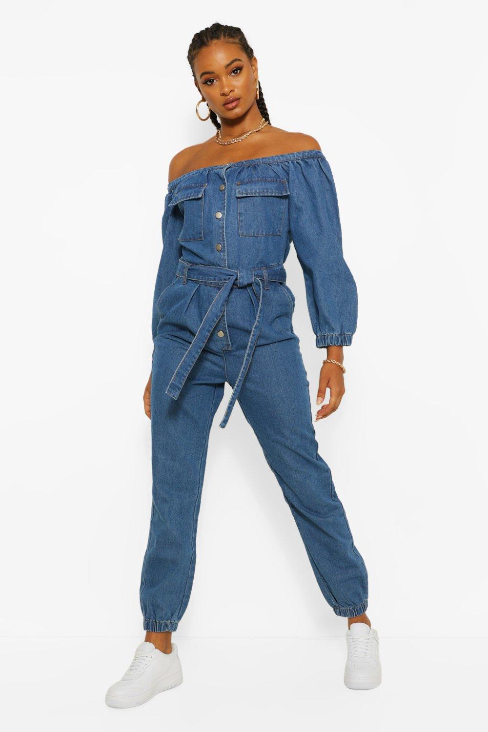 Denim Off Shoulder Belted Jumpsuit