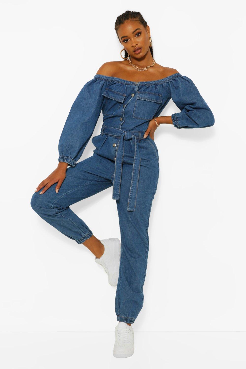 Denim Off Shoulder Belted Jumpsuit