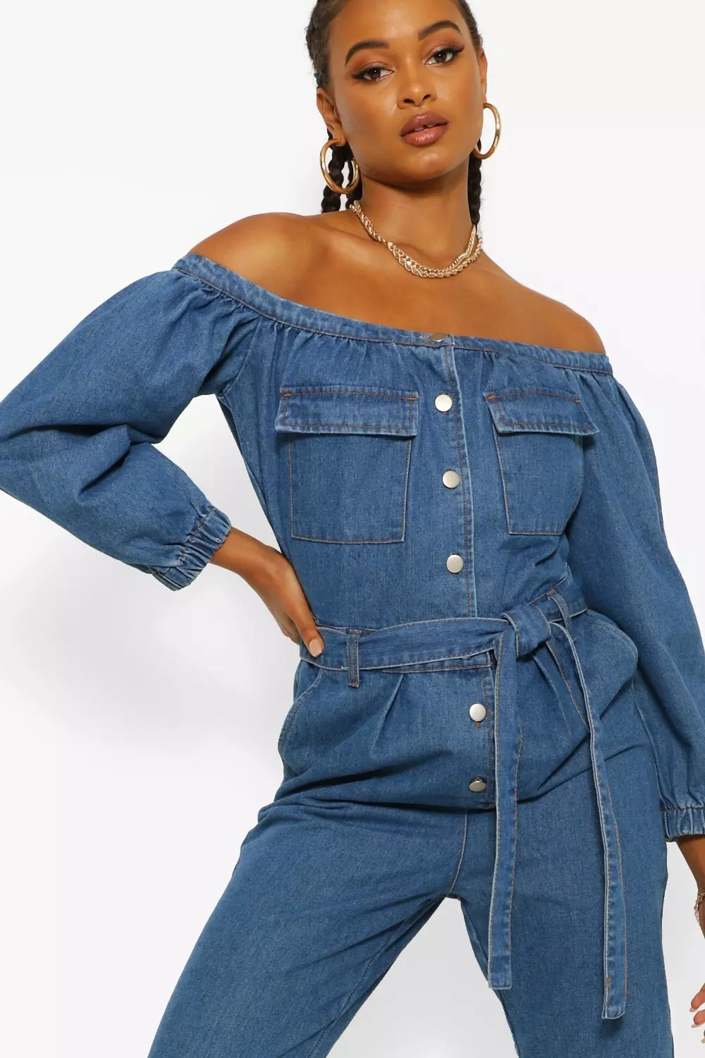 Off shoulder hot sale denim jumpsuit