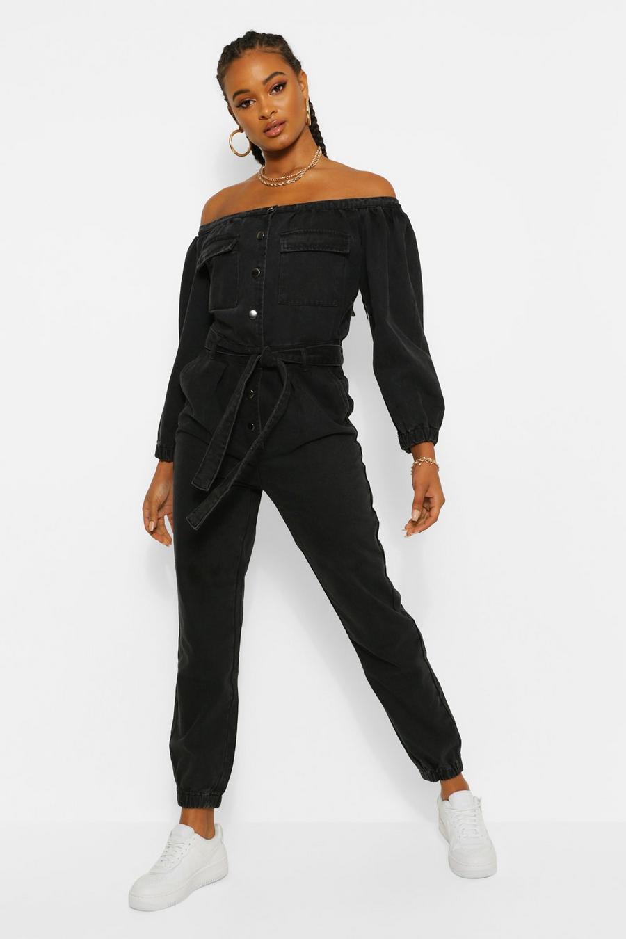 שחור דהוי אוברול מבד ג'ינס עם כתפיים חשופות וחגורה  image number 1