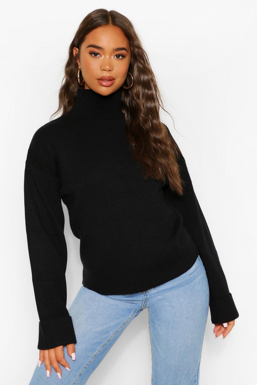 Black Turn Up Cuff Funnel Neck Sweater image number 1