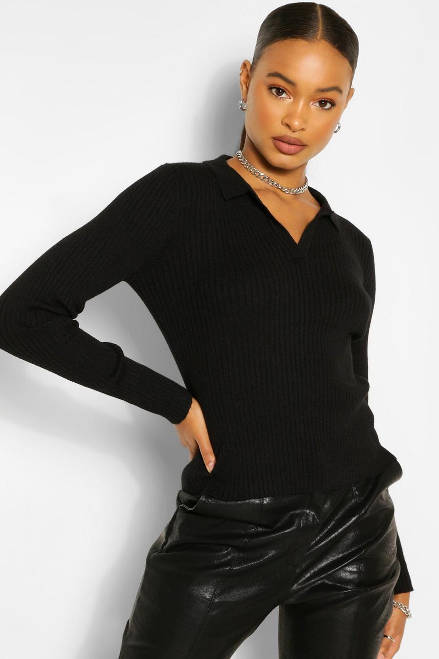 Black Polo Rib Knitted Jumper image number 1