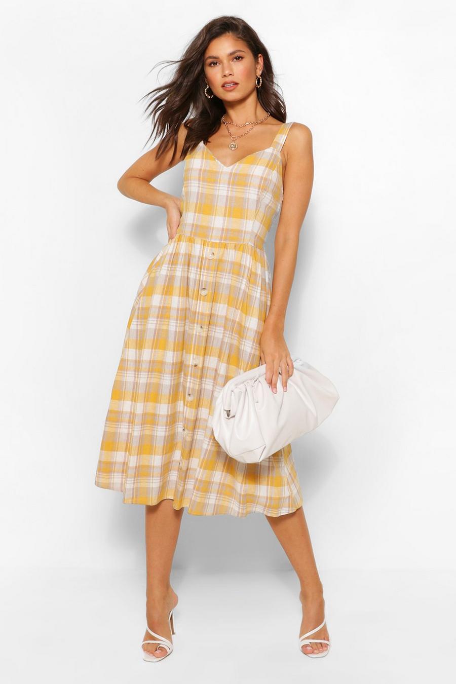 Mustard Check Dress With Button Detail image number 1