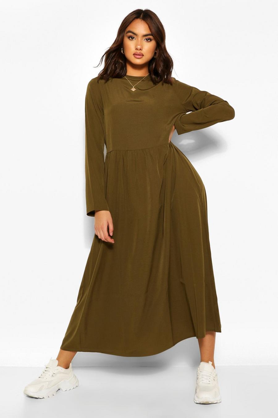 Khaki Long Sleeve Drop Waist Midaxi Dress image number 1