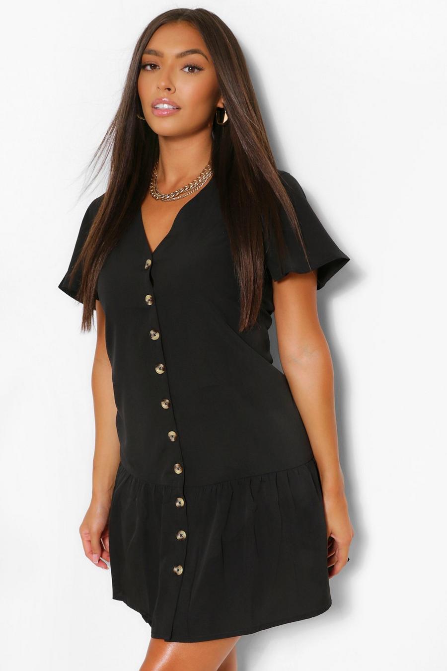 Black Skiftklänning med knappar och volangkant image number 1