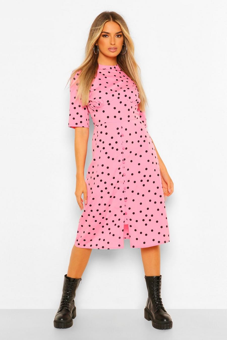 Pink Polka Dot Button Detail Midi Dress image number 1