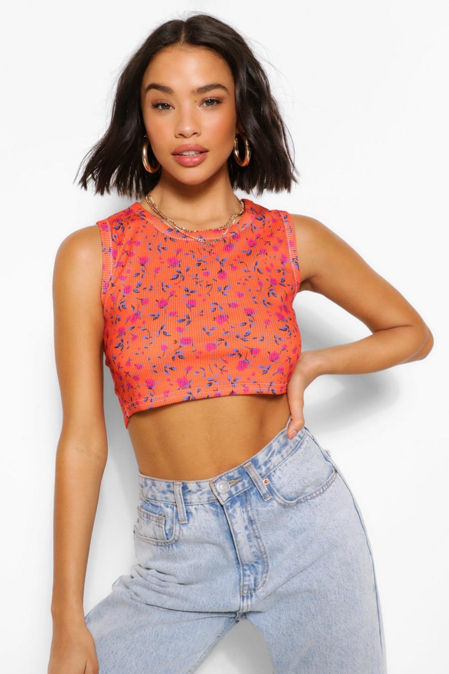 Orange Floral Print Rib Cropped Tank Top image number 1