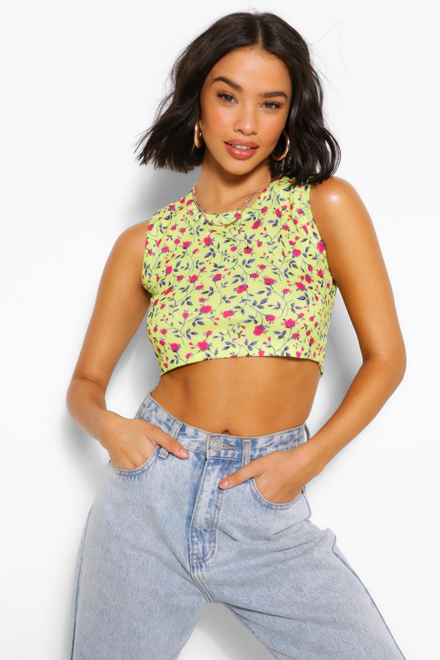 Camiseta floral de tirantes corta en canalé, Amarillo image number 1