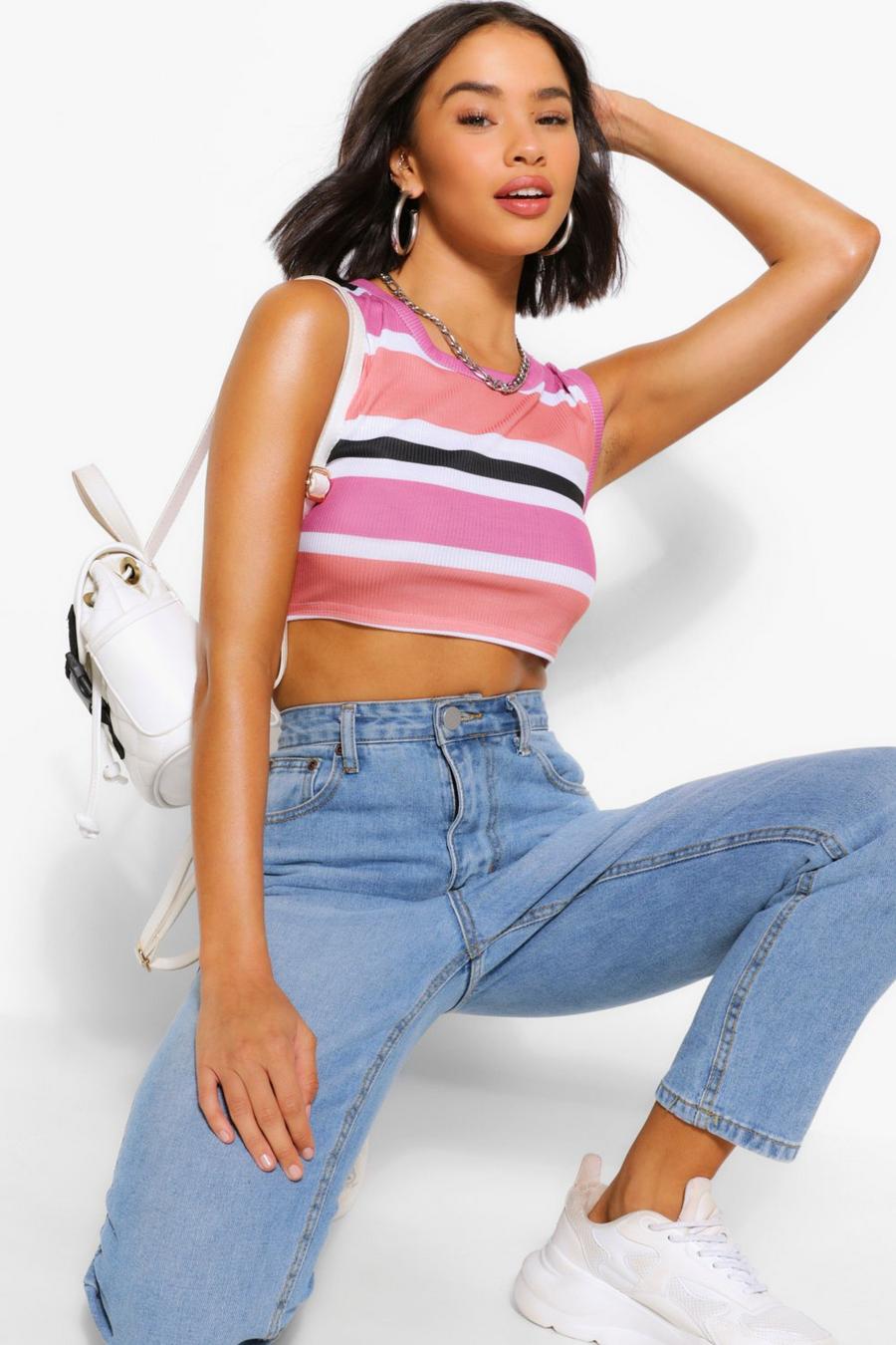 Pink Striped Rib Cropped Vest Top image number 1