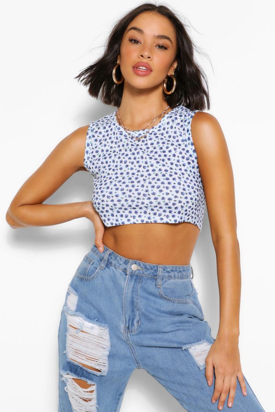 Blue Ditsy Floral Rib Cropped Tank Top Top image number 1