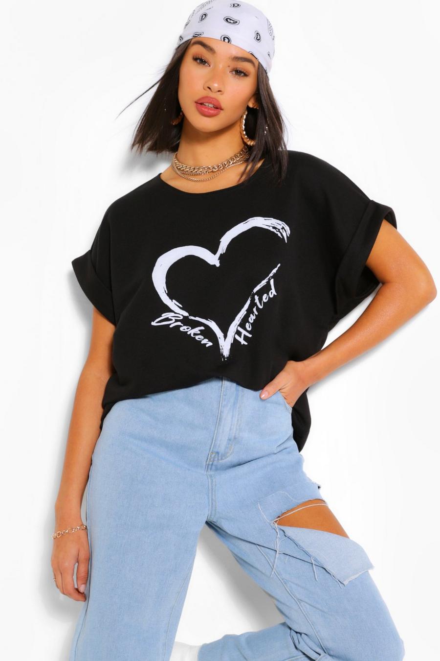 Black "Broken Hearted" Sweatshirt med kort fladdermusärm image number 1