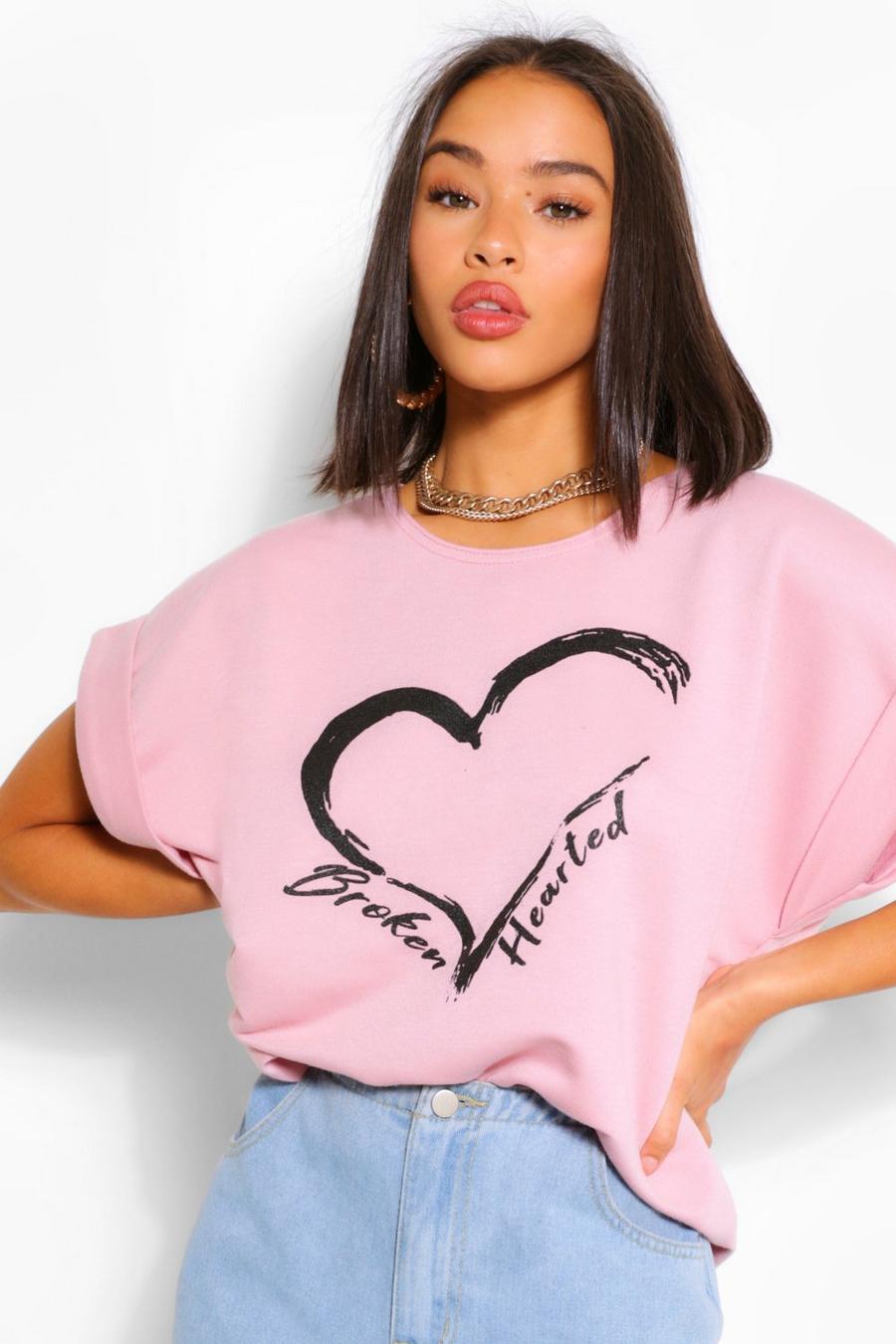 Sweatshirt mit Fledermausärmeln und „Broken Hearted“-Motiv, Blassrosa image number 1
