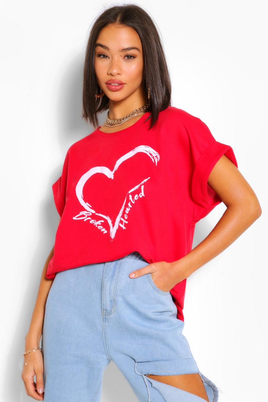 Red "Broken Hearted" Sweatshirt med kort fladdermusärm image number 1