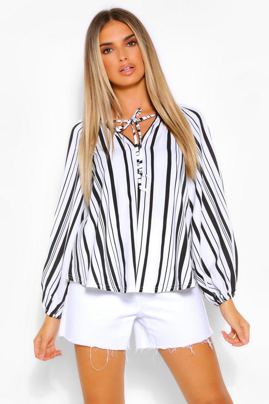 Black Striped Linen Balloon Sleeve Top image number 1