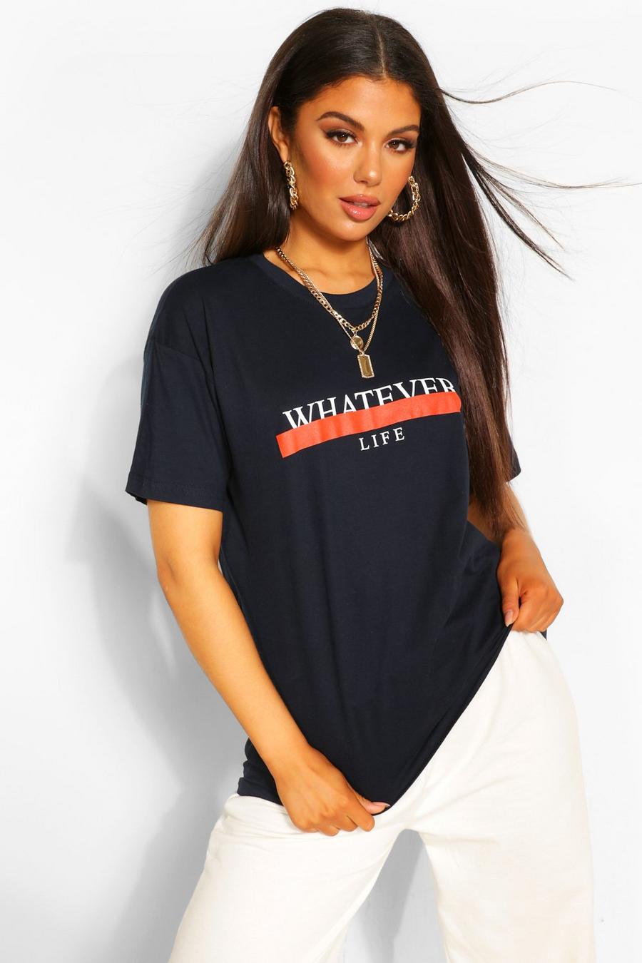 Navy "Whatever" T-shirt med grafiskt tryck image number 1