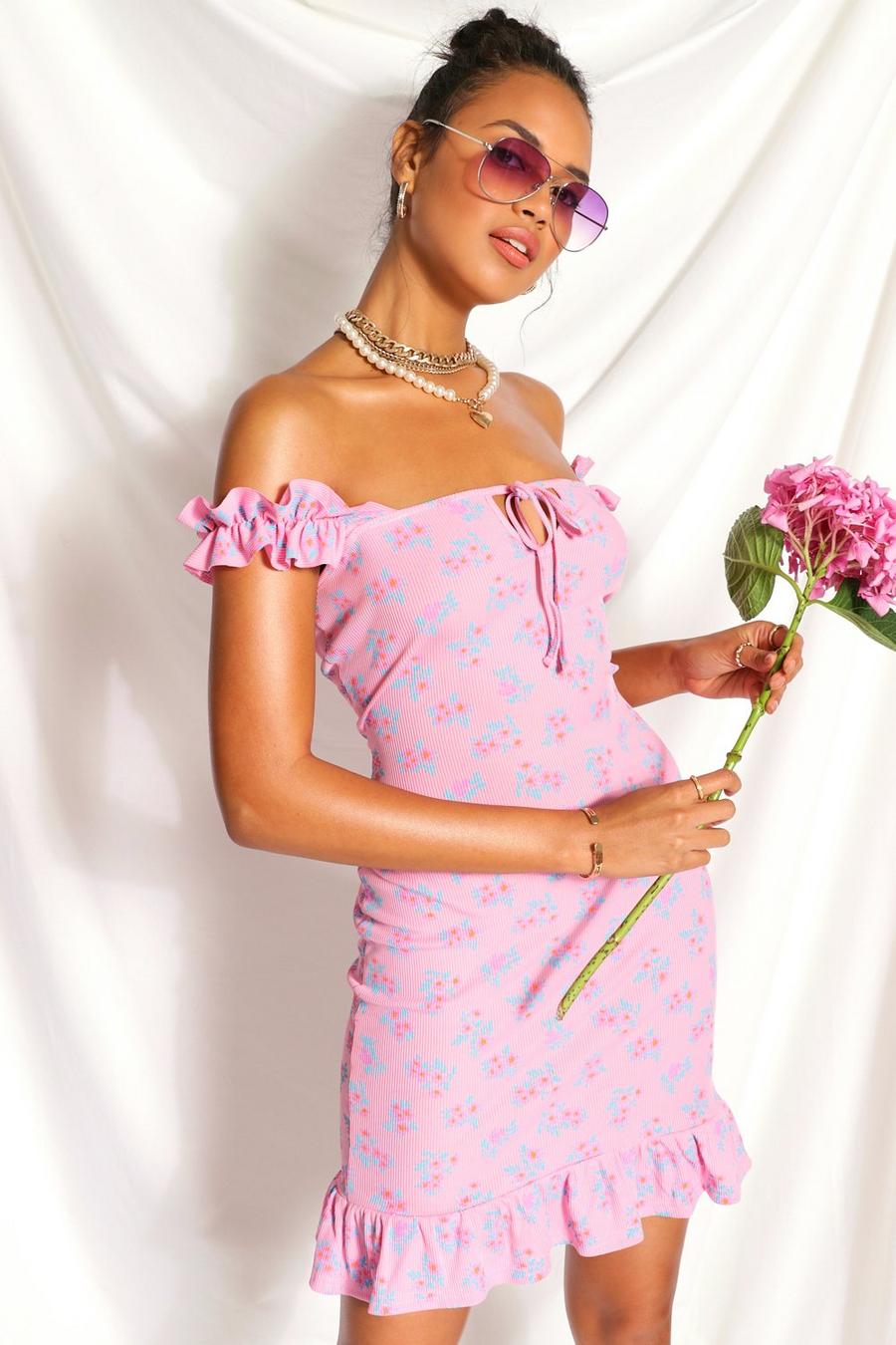 Mini abito a fiorellini con increspature e scollo Bardot, Rosa image number 1