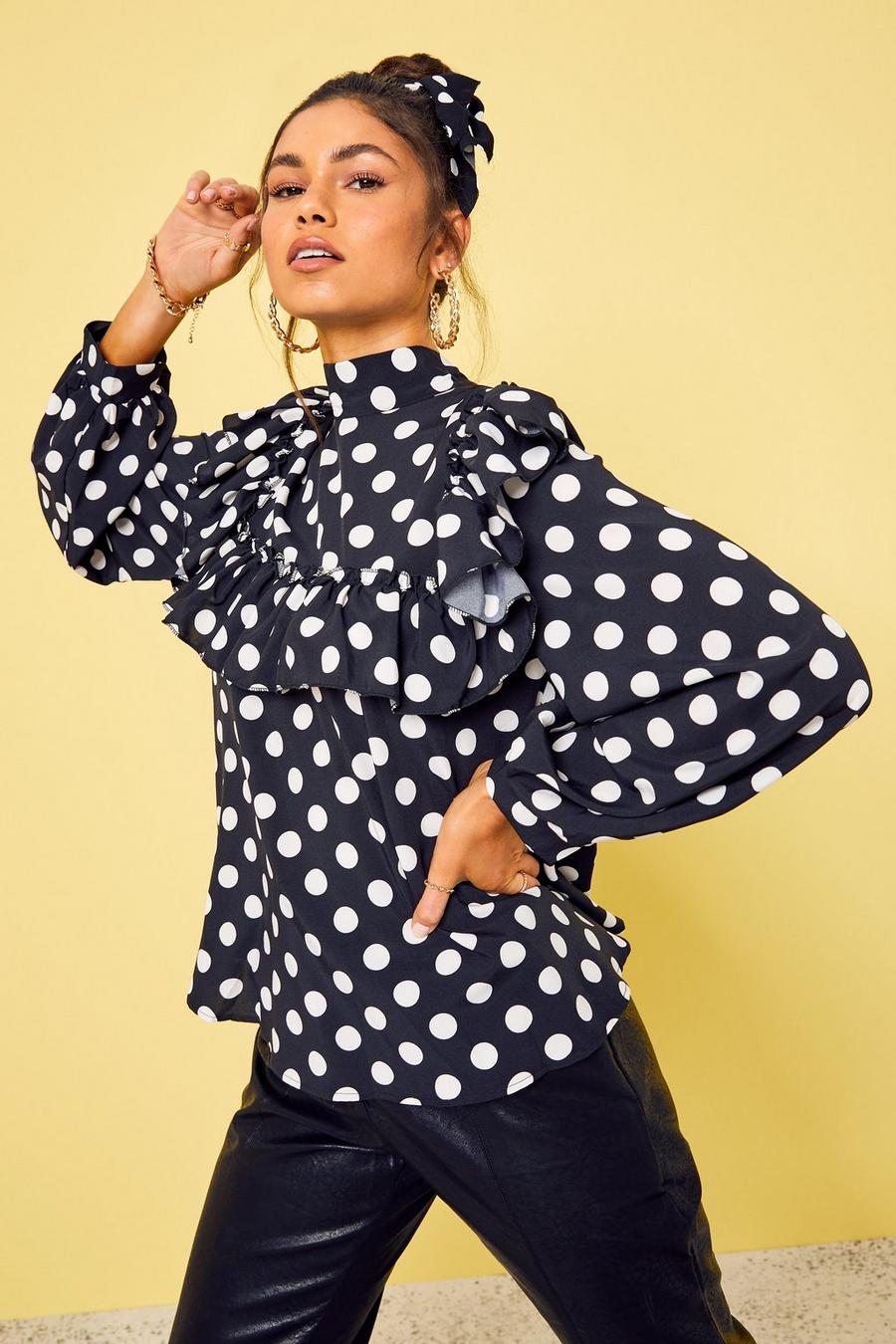Women's Black Polka Dot Frill Detail High Neck Top | Boohoo UK