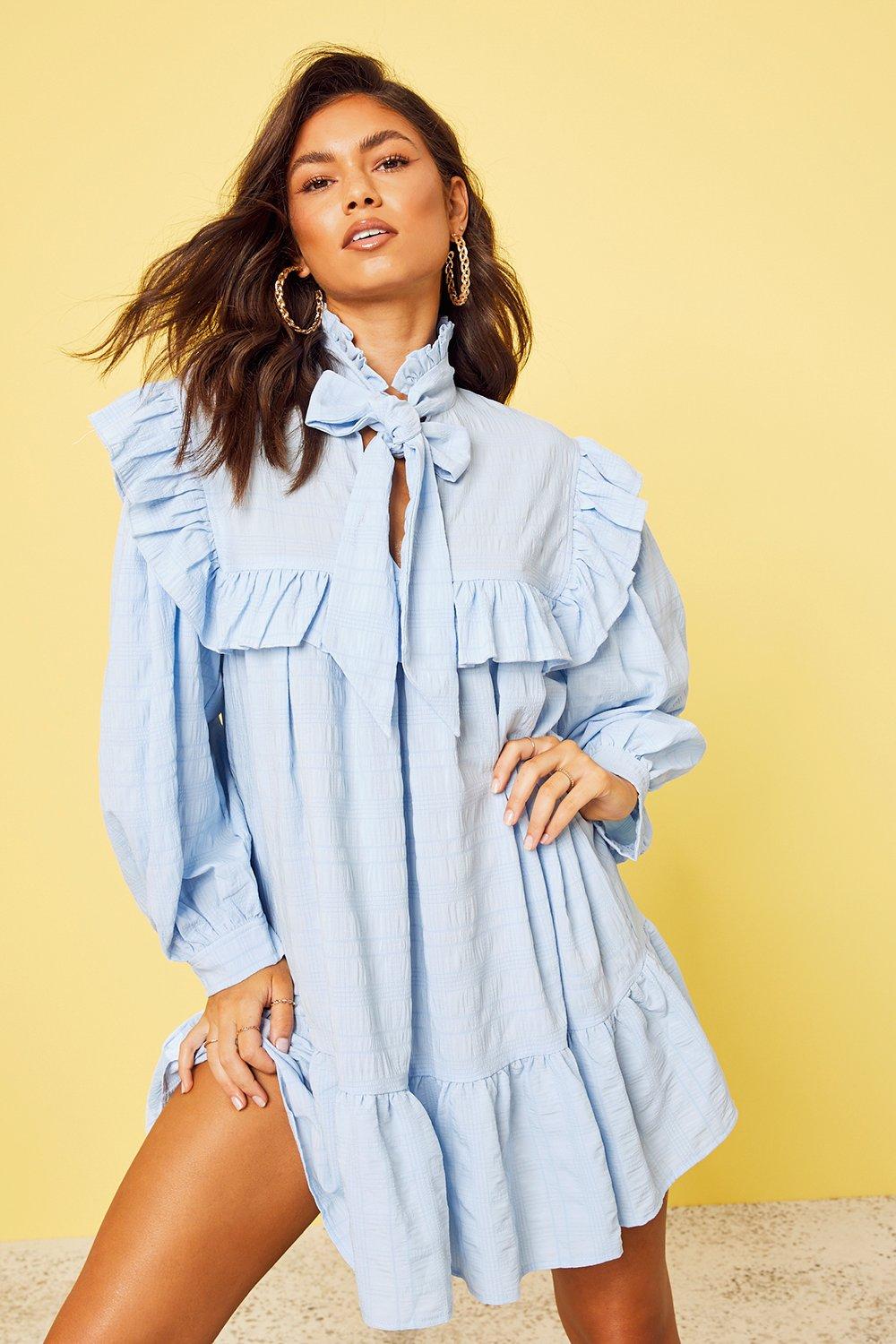 Long sleeve ruffle detail 2024 shirtdress