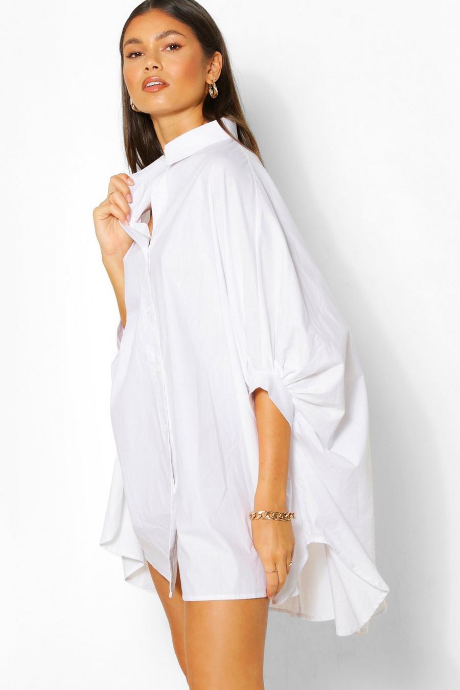 White Oversized Batwing Sleeve Shirt Dress