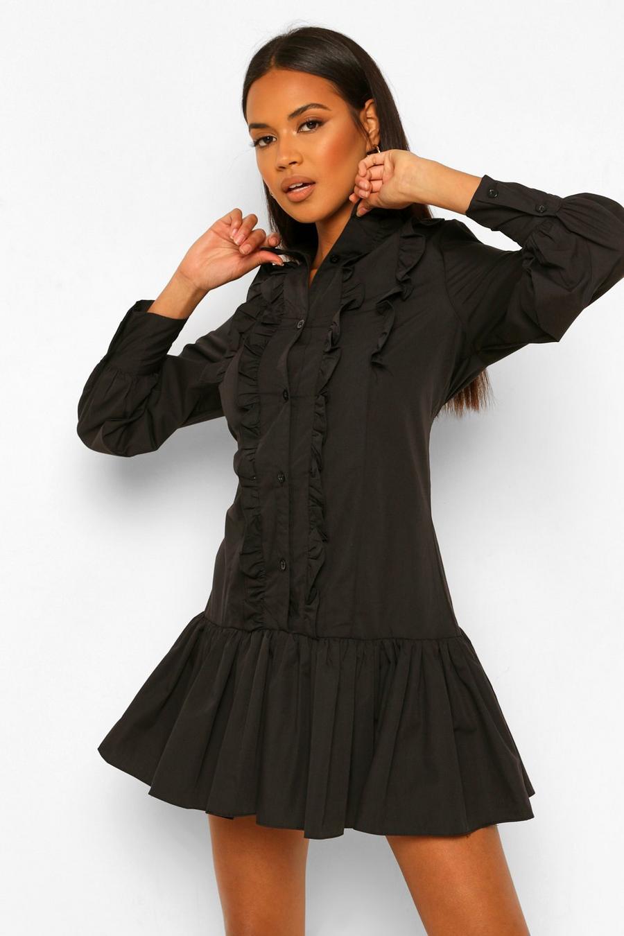 Black Cotton Frill Detail Shirt Dress image number 1