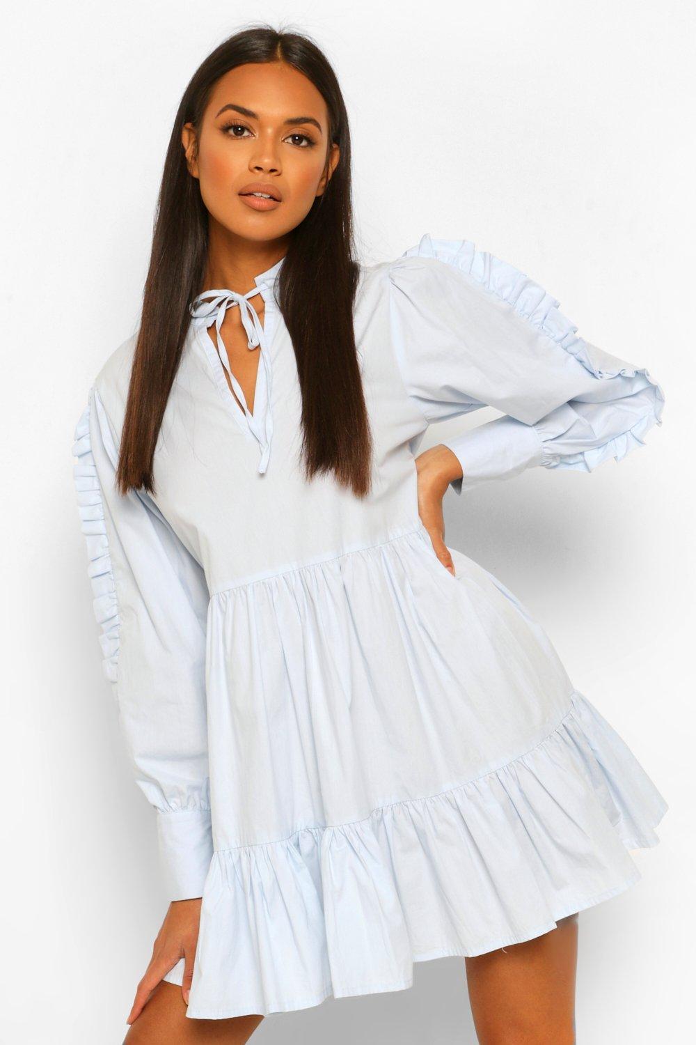 Ruffled puff-sleeve cotton dress