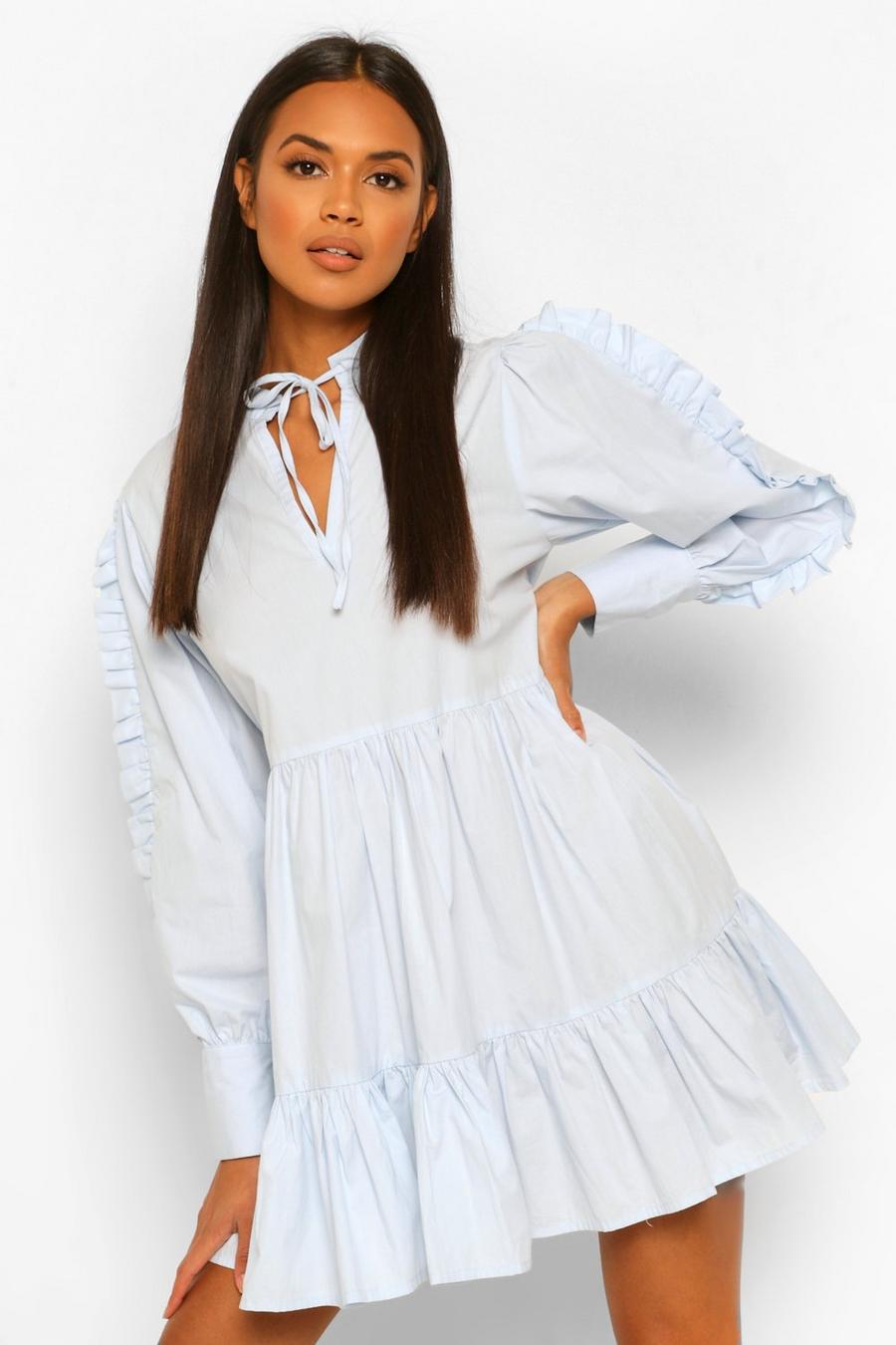 Light blue Cotton Ruffle Sleeve Tiered Smock Dress image number 1