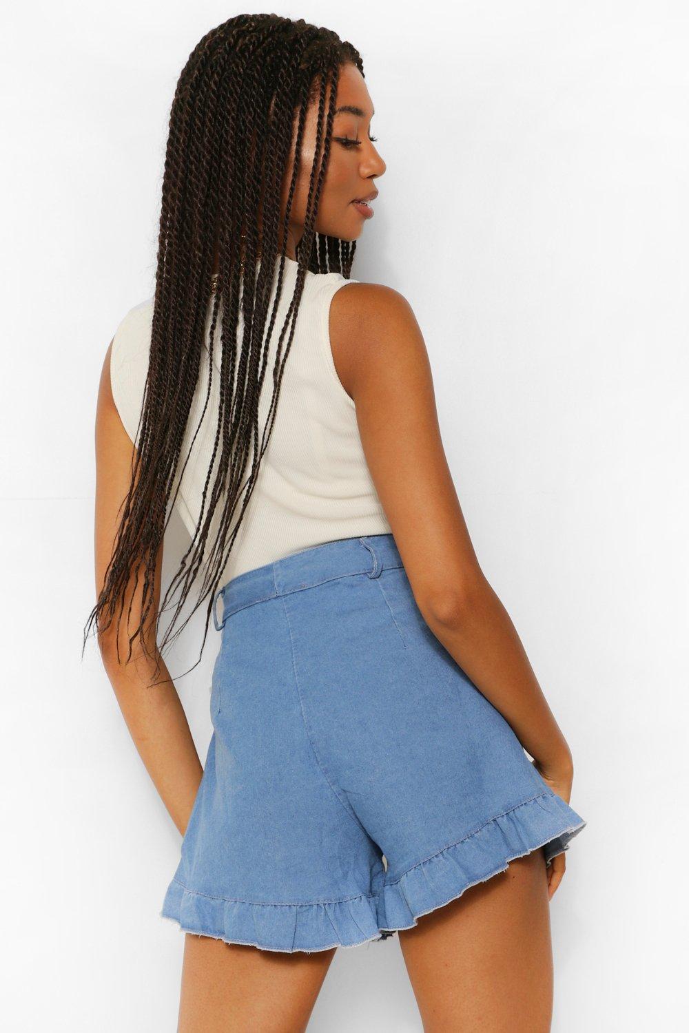 Stretch Denim Ruffle Hotpants | boohoo