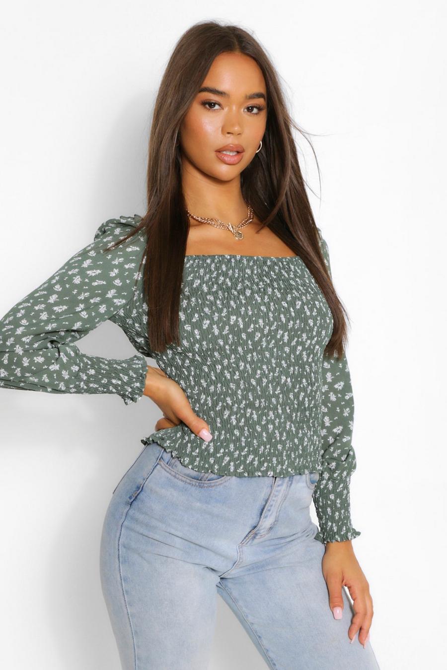 Green Woven floral shirred square neck top image number 1