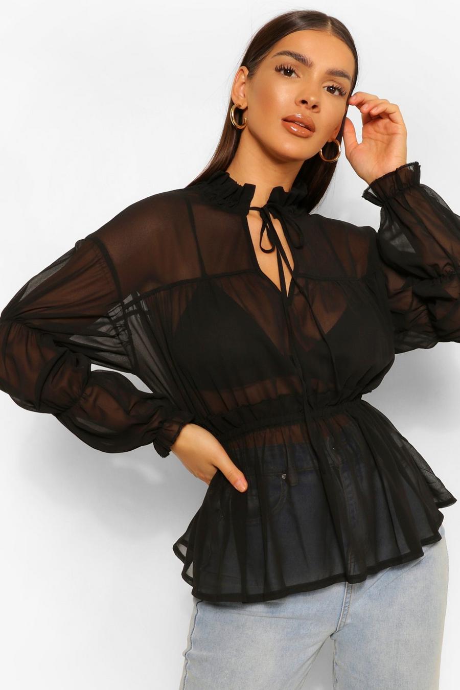 Black Woven ruched tie front blouse image number 1