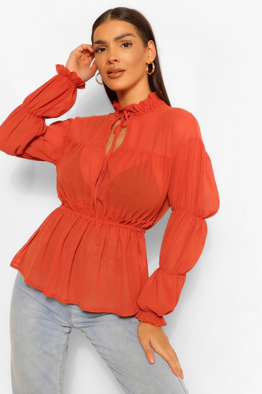 Terracotta Geweven Blouse Met Ruches image number 1